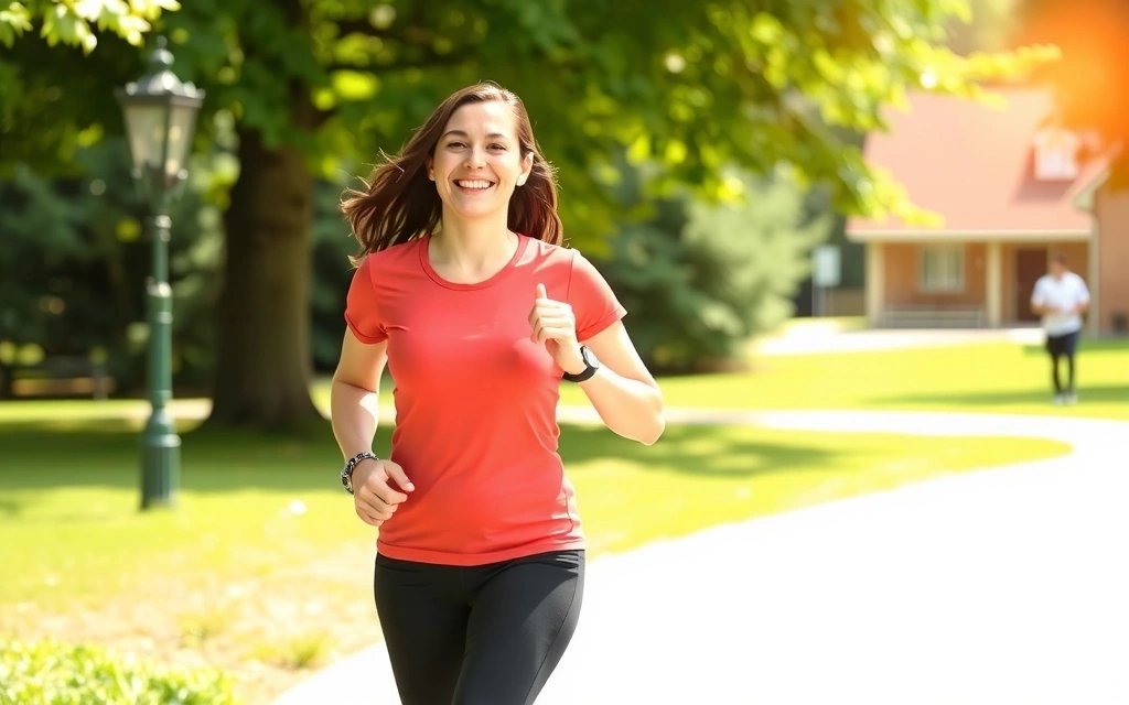 Eine lächelnde Frau, die glücklich und gesund aussieht, joggt in einem Park